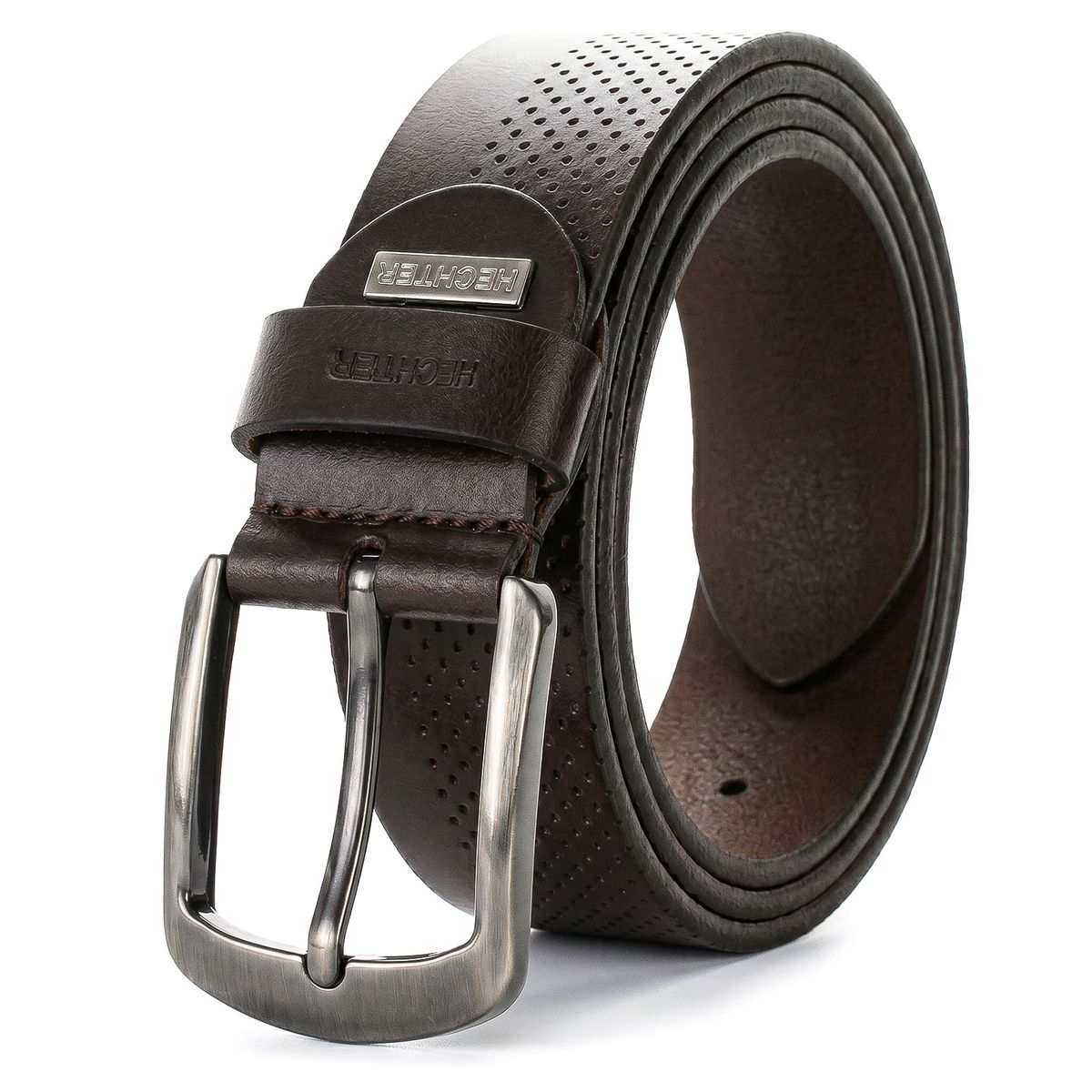 Gürtel, Leder, braun, MetallGurt, Perforiert, HECHTER Paris Herren Casual Echtledergürtel dunkelbraun