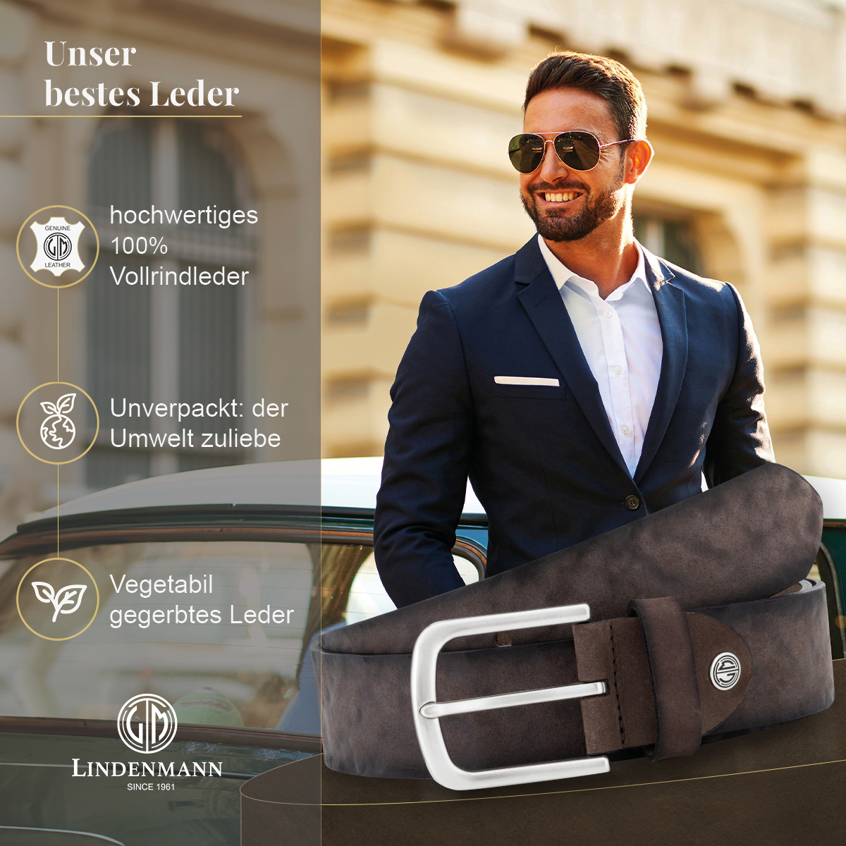 LINDENMANN Herrengürtel aus 100% Vollrindleder dunkelbraun