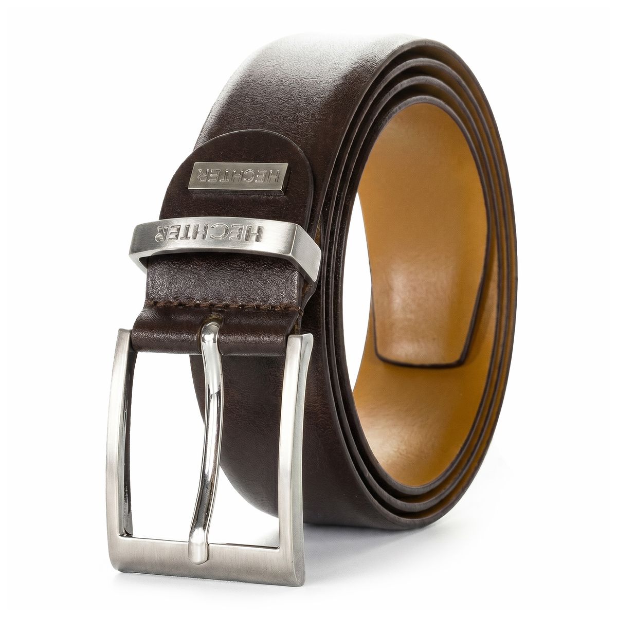 Gürtel, Leder, Braun, Dünner Gürtel, metallische Schnalle, HECHTER Paris Herren klassischer, eleganter 100% Echtledergürtel dunkelbraun