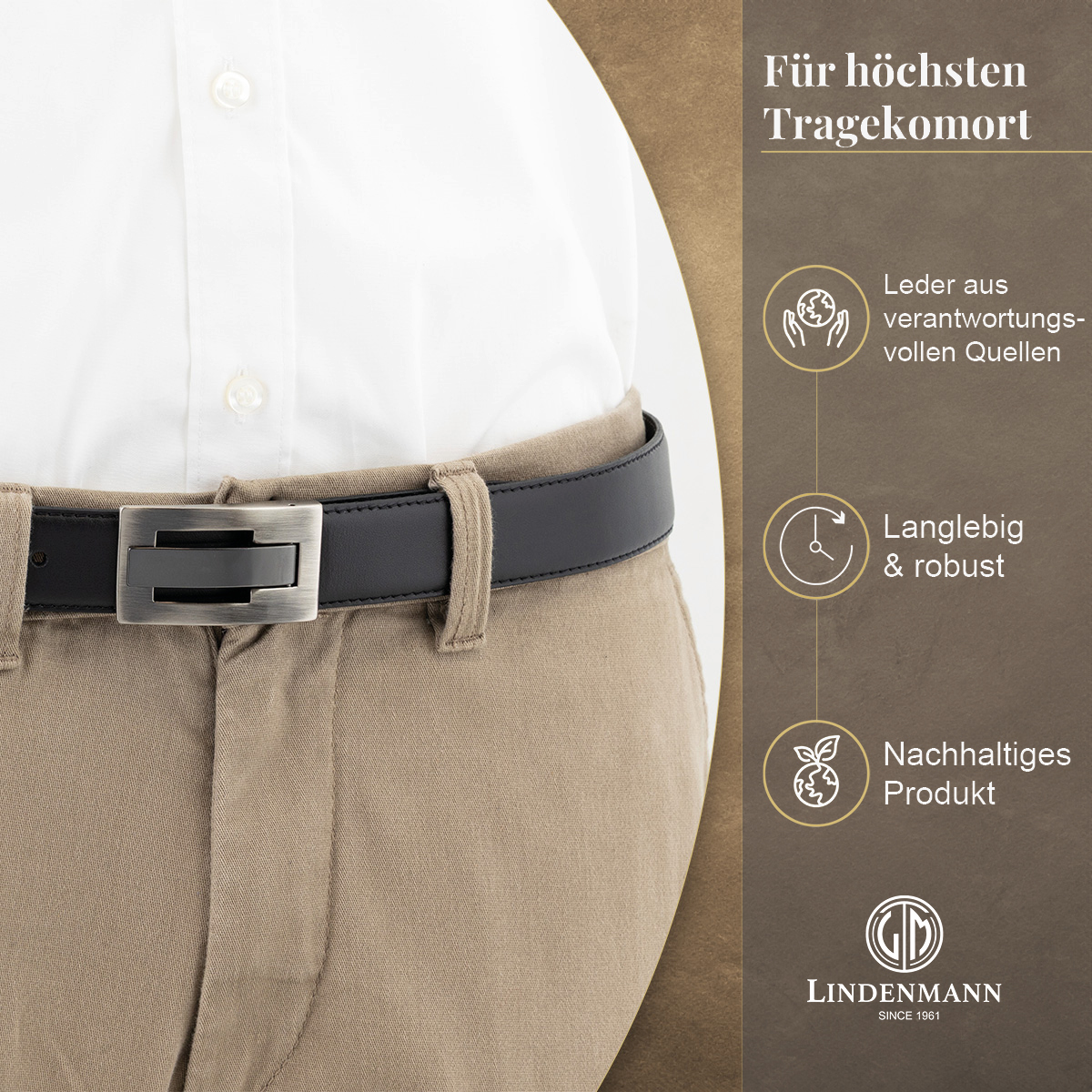 LINDENMANN Herrengürtel aus 100% Vollrindleder mit Koppelschließe schwarz