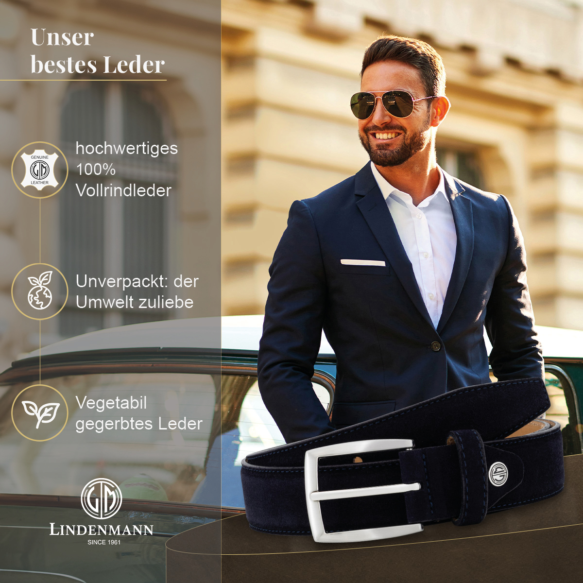 LINDENMANN Herrengürtel aus 100% Velours-Vollrindleder marine