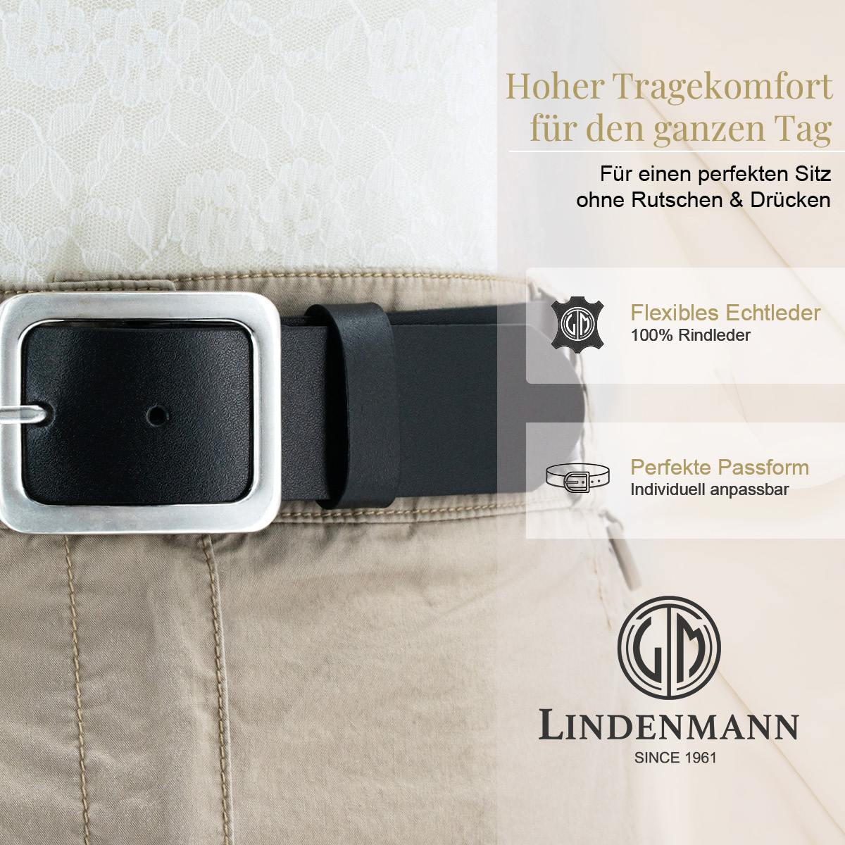 LINDENMANN Rindleder Damengürtel Tiefschwarz