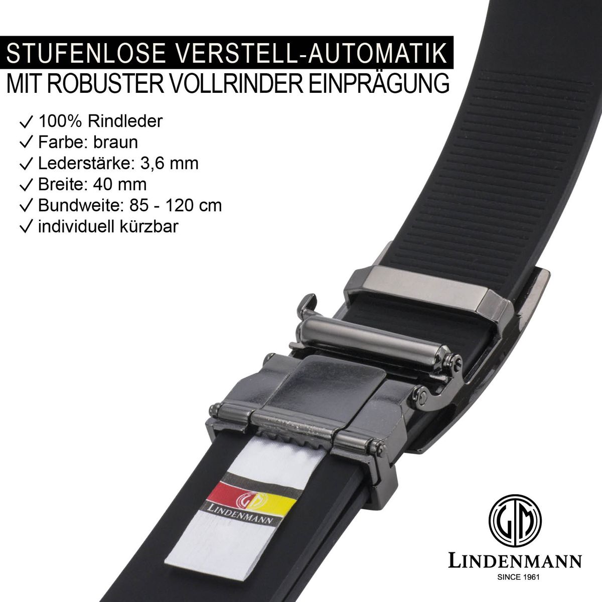 LINDENMANN Leder-Gürtel Herren Automatik 40 mm Rindleder braun