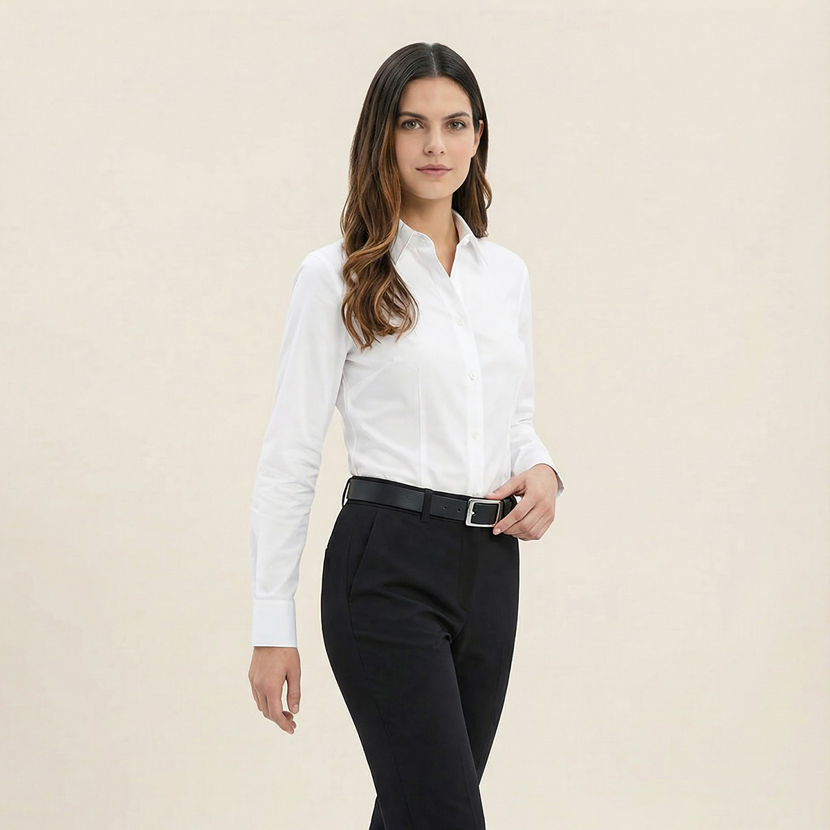 Hemd, Weiß, Langarm, Bürolook, Hosen, LINDENMANN Rindledergürtel Damen Tiefschwarz