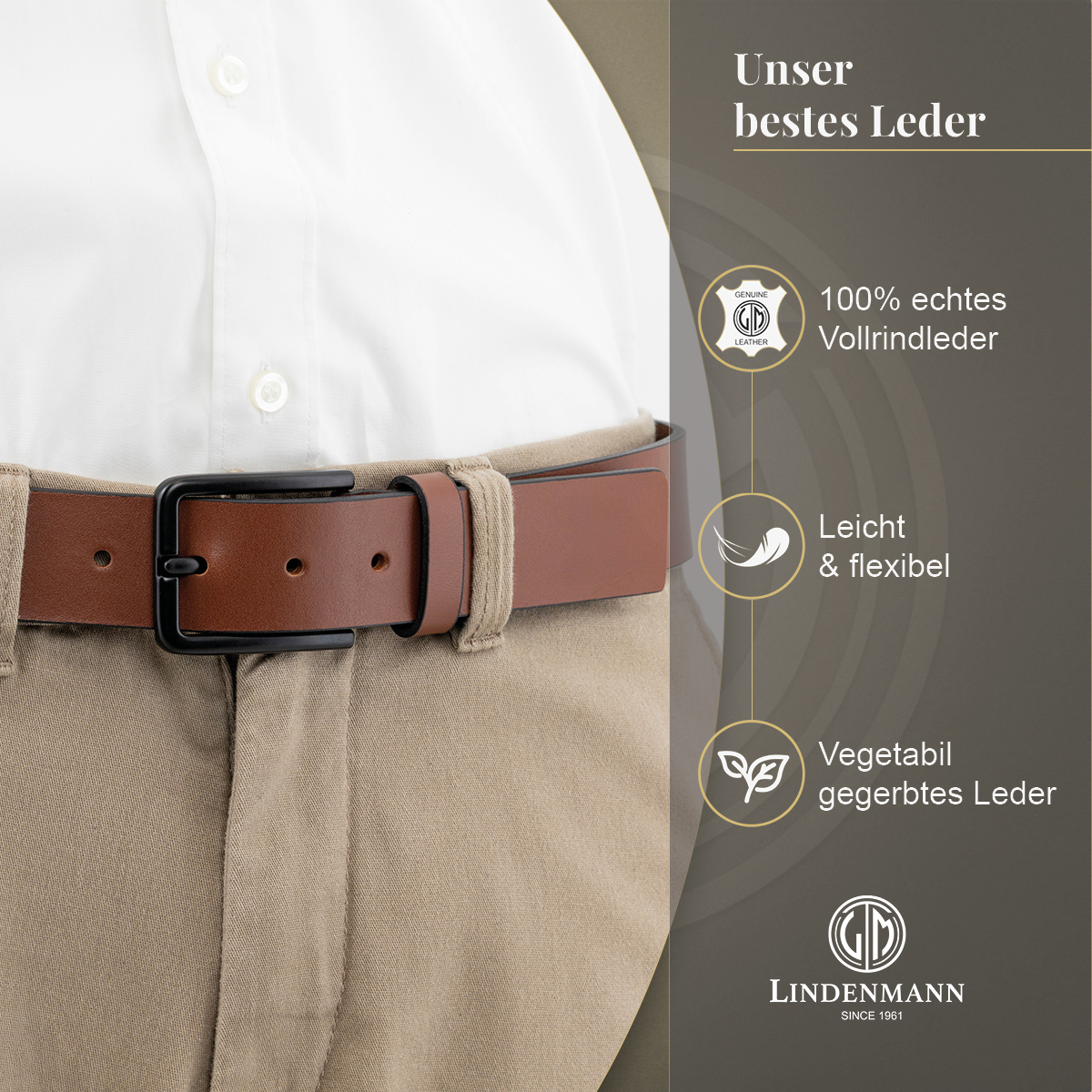 LINDENMANN Herren Jeansgürtel Echtleder cognac
