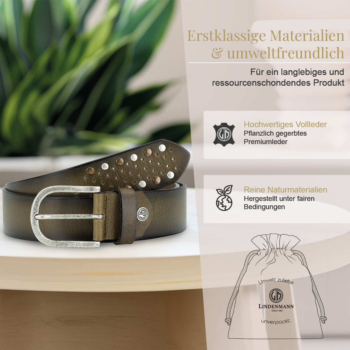 LINDENMANN Vollrindsleder Damengürtel Olivgrün