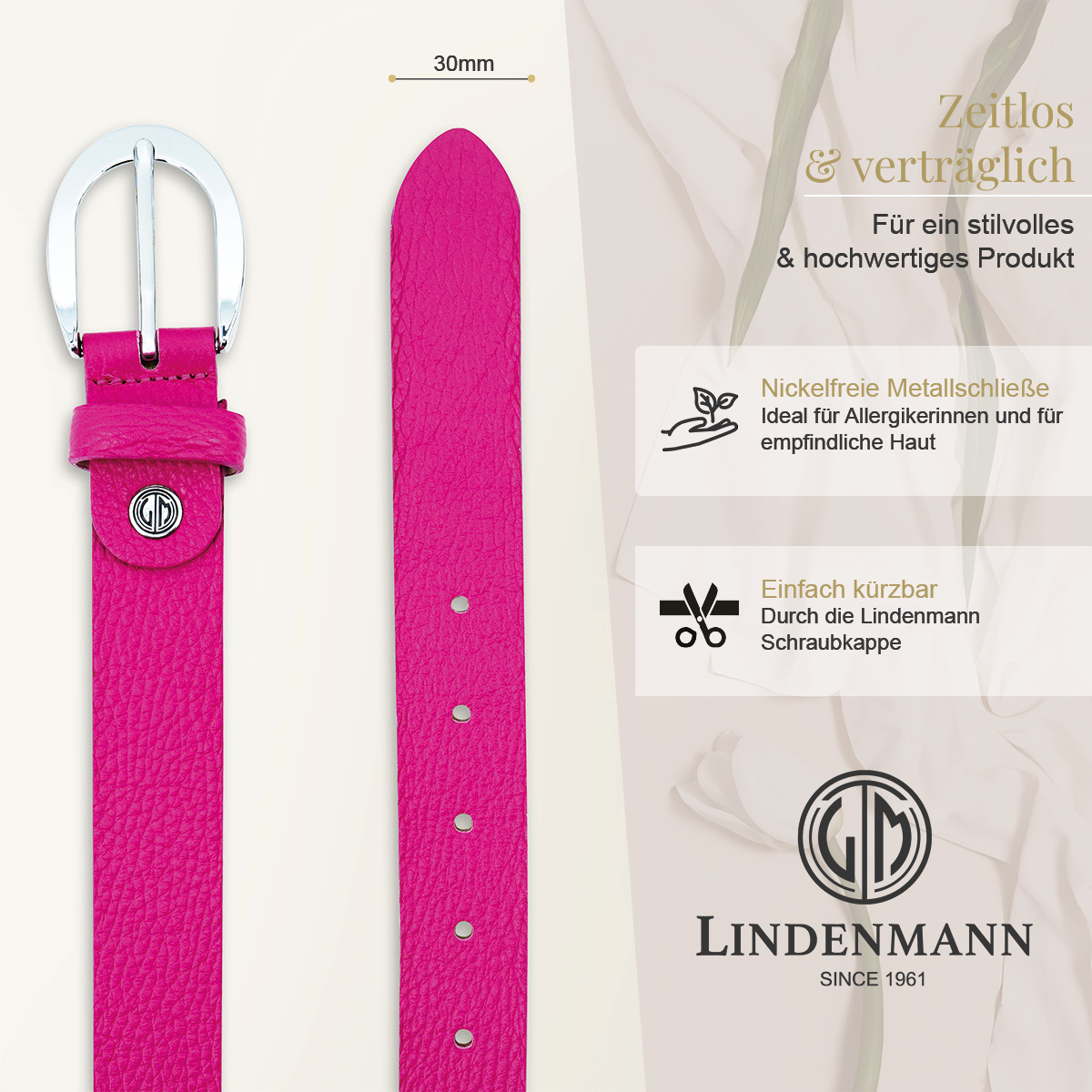 LINDENMANN Klassischer Damengürtel aus 100% Echtleder pink