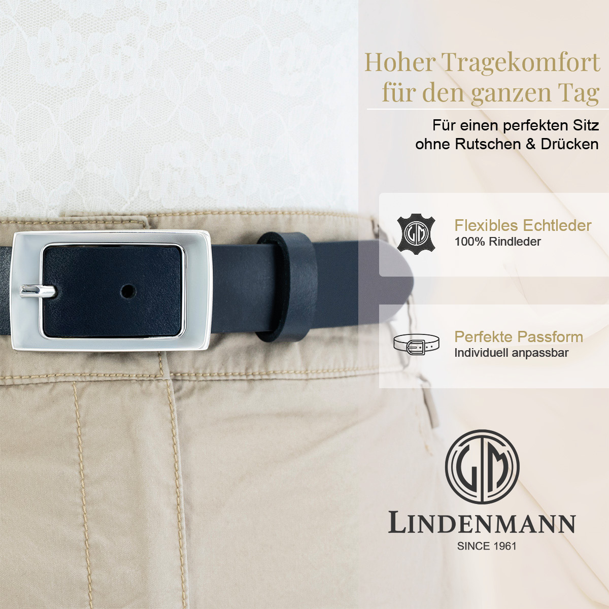 Zubehor, Gürtel, LINDENMANN Rindledergürtel Damen Marine
