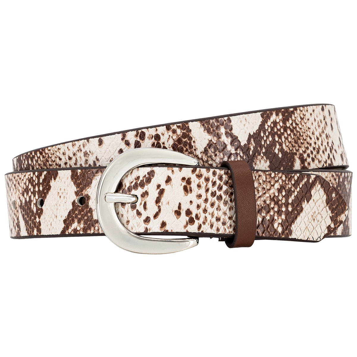 Gürtel, Schlangenhaut, Leder, Gürtellänge, Metall-Schnalle, LINDENMANN Damen Echtledergürtel braun weiß