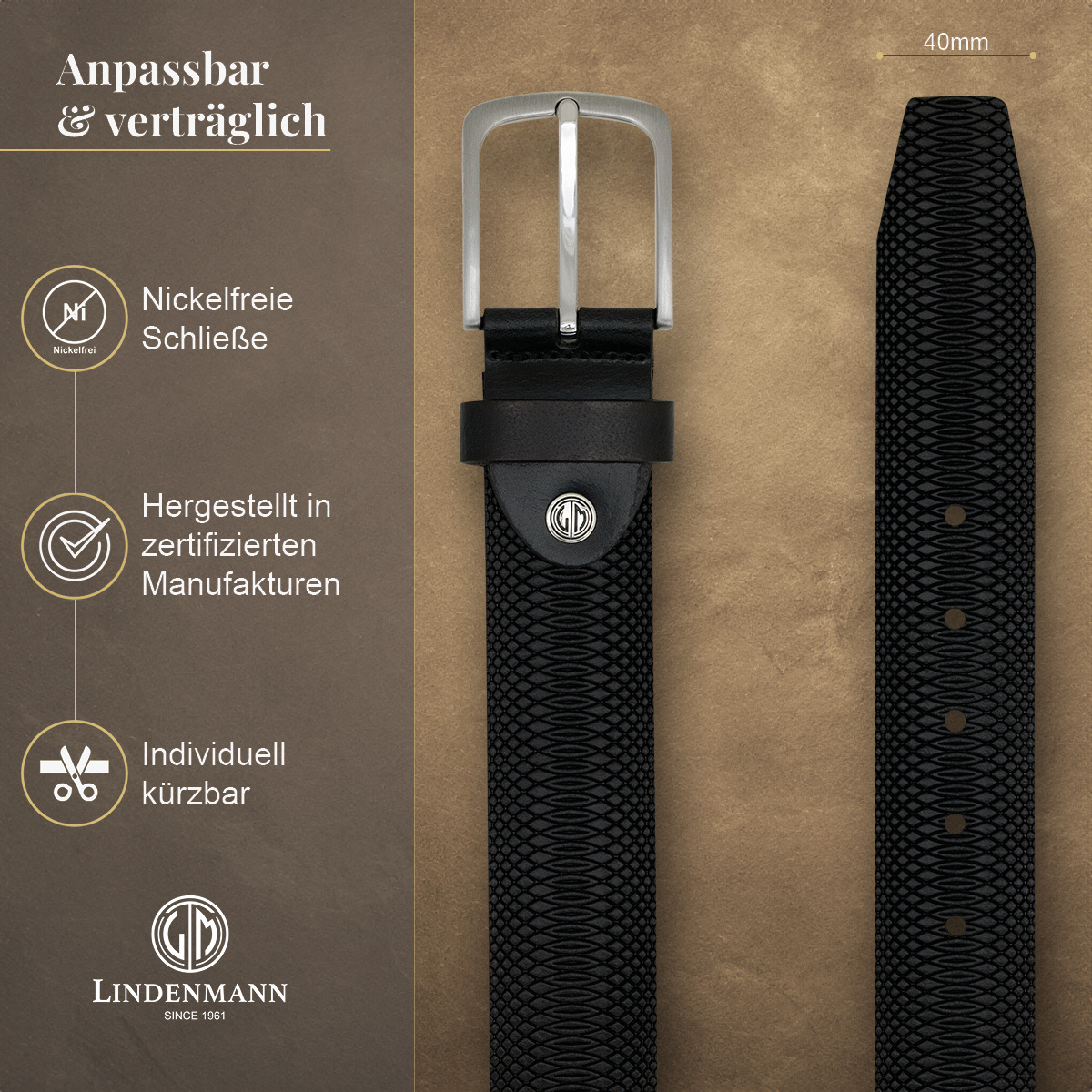 LINDENMANN Vollrindledergürtel Herren Tiefschwarz