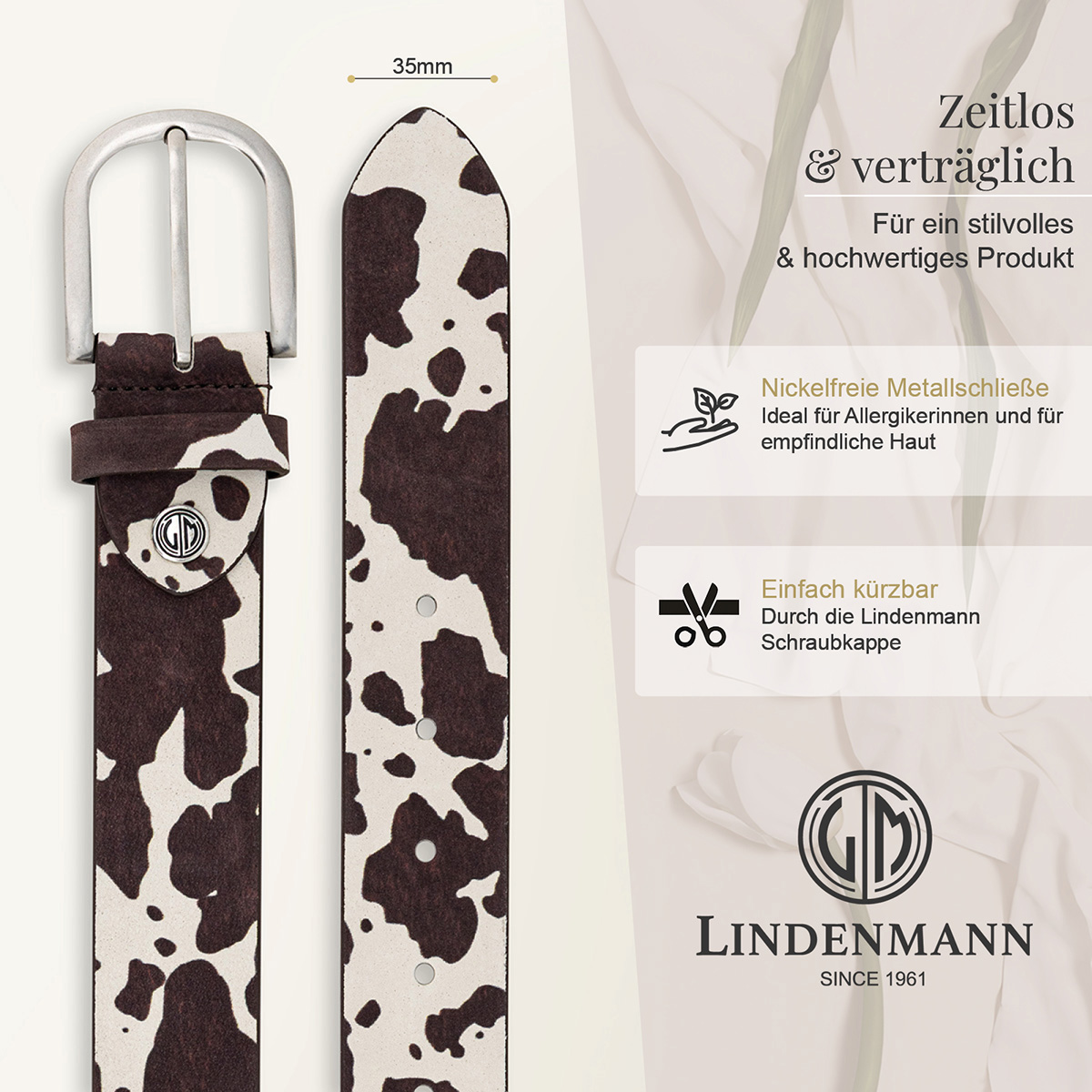 LINDENMANN Animal-Print Damengürtel aus 100% Echtleder braun-weiß