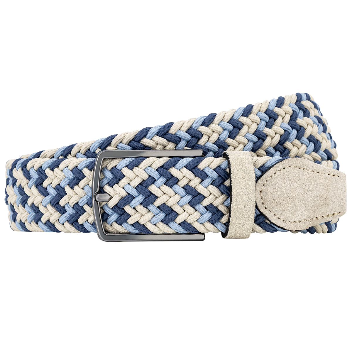 Gürtel, Webgürtel, Stoffgürtel, Blau-beiges Muster, Verstellbarer Gürtel, LINDENMANN Herren Flechtgürtel mit Echtleder an den Enden mehrfarbig: jeansblau, marine, taupe