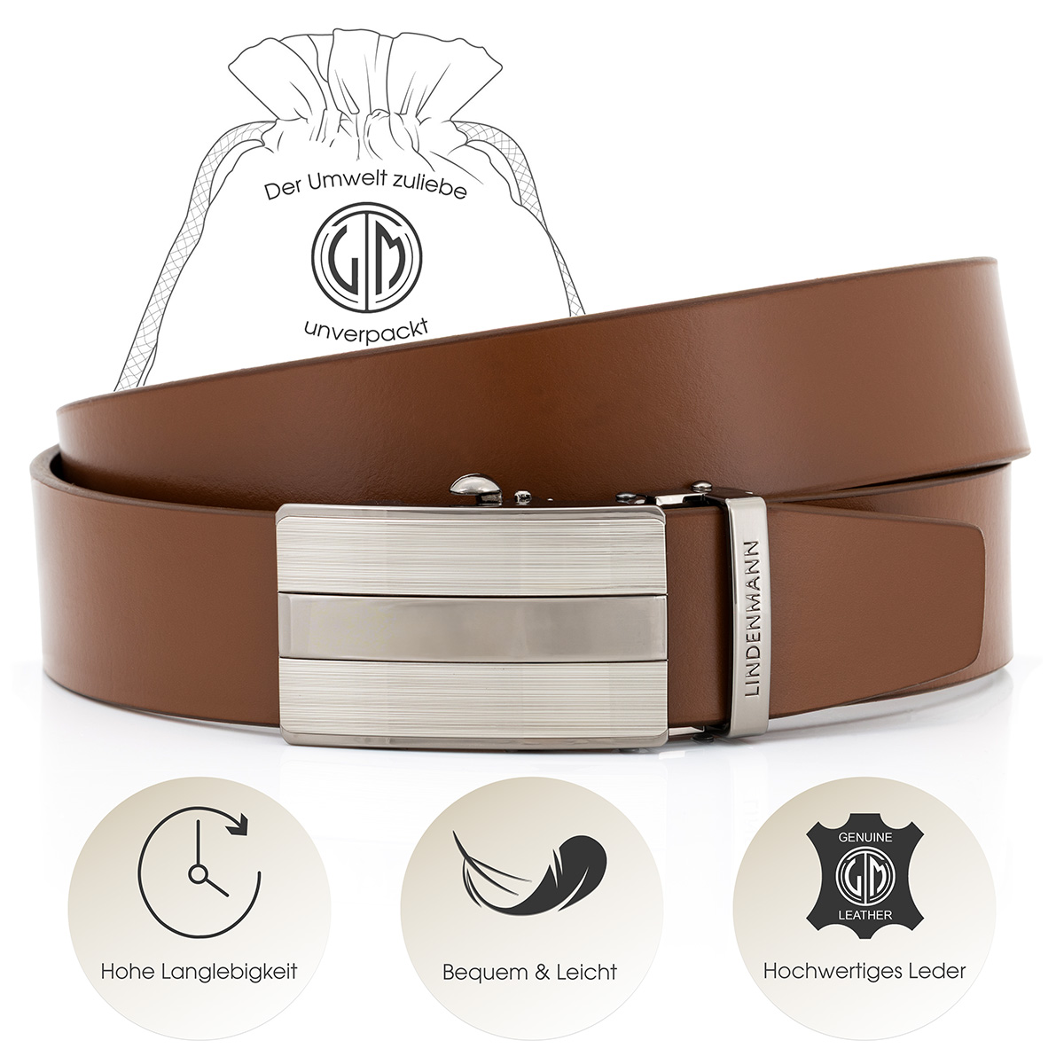 LINDENMANN Ledergürtel Automatikgürtel Herren cognac