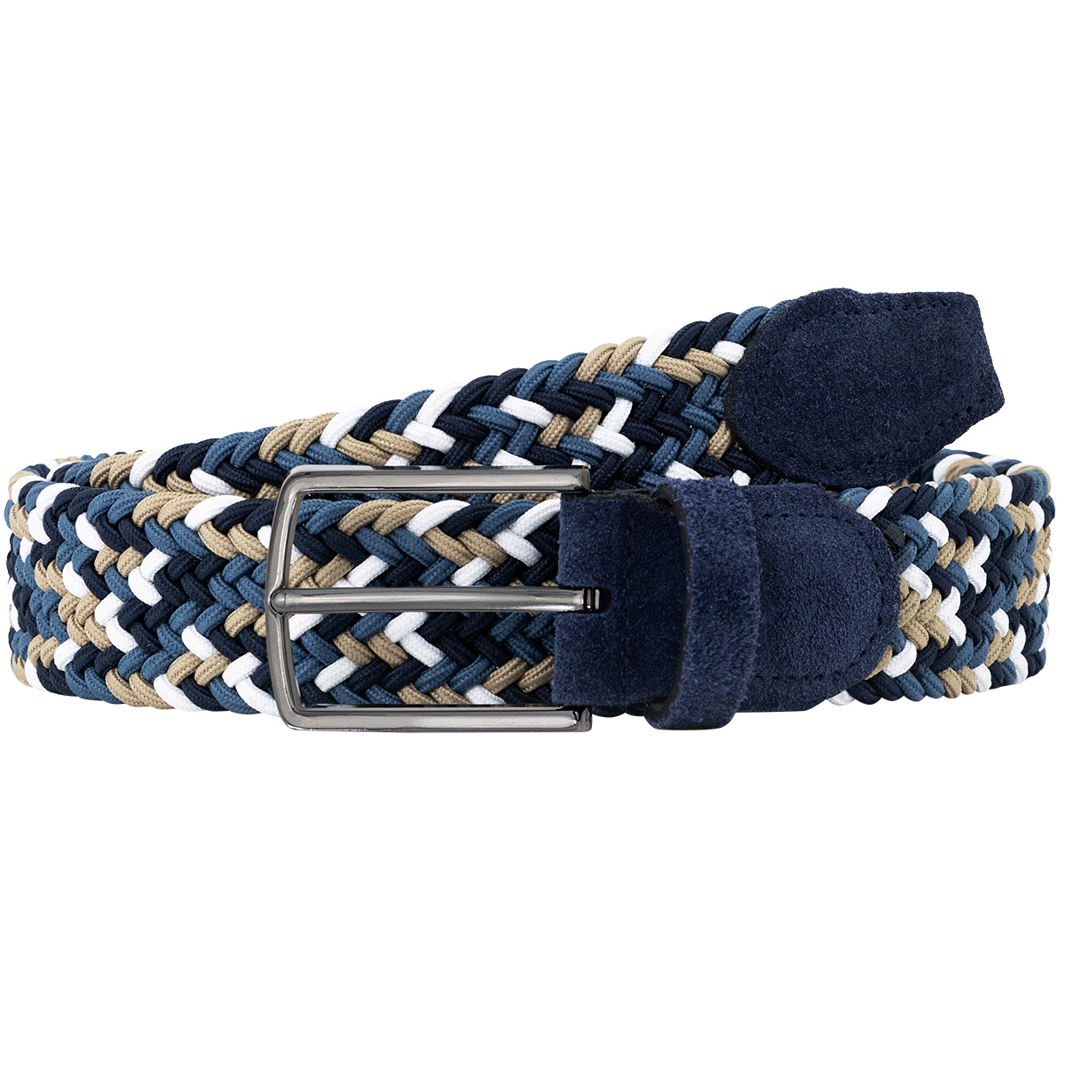 Gürtel, Webgurt, Stoffgürtel, Mehrfarbig, Kordelgürtel, LINDENMANN Herren Flechtgürtel mit Echtleder an den Enden mehrfarbig: marine, taupe, weiß