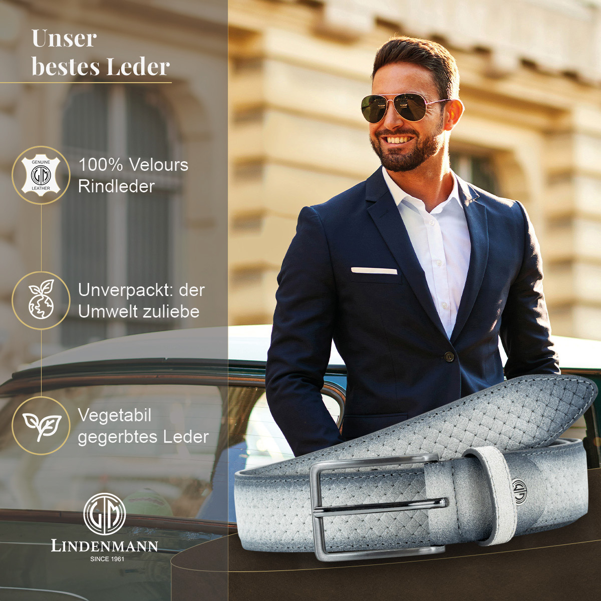 LINDENMANN Vollrindleder Herrengürtel Hellgrau