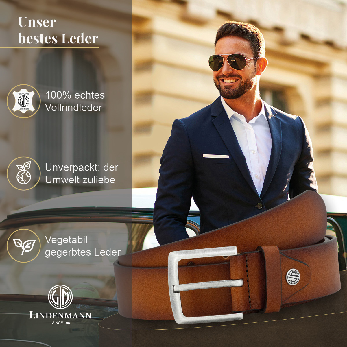 LINDENMANN Vollrindledergürtel Herren Cognac