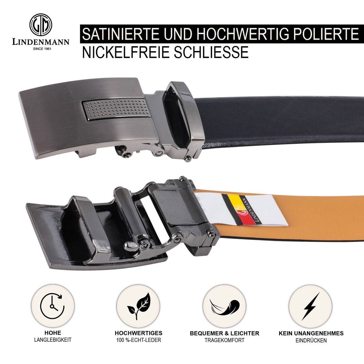 LINDENMANN Ledergürtel Herren, schwarz 33 mm Leder Automatikgürtel