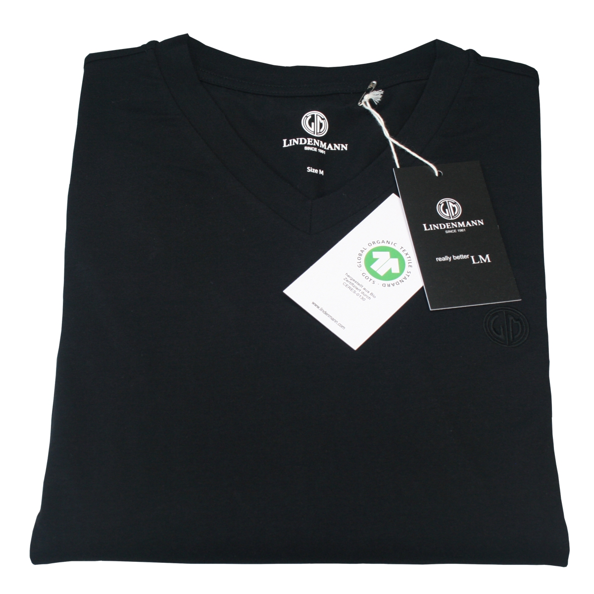 LINDENMANN T-Shirt V-Ausschnitt Bio-Baumwolle Herren Schwarz