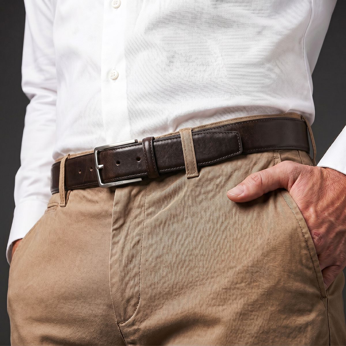 Hemden, Gürtel, Khaki Hose, Leder Gürtel, Hosenträger?, HECHTER Paris Herren klassischer 100% Echtledergürtel dunkelbraun