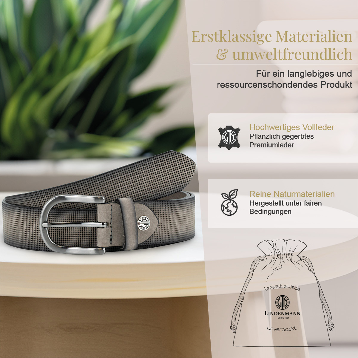 LINDENMANN Vollrindsleder Damengürtel Urbanes Grau