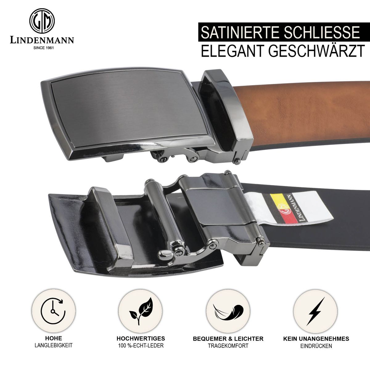 LINDENMANN Leder-Gürtel Herren Automatik 40 mm Rindleder cognac