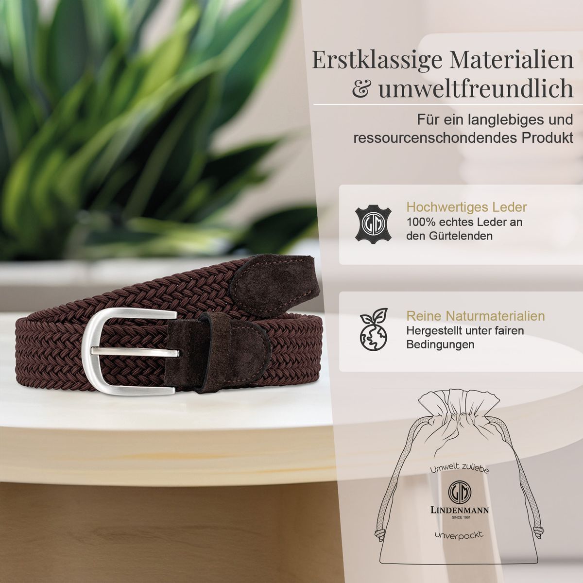 Gürtel, Braun, Geflochten, Leder, Accessoire, LINDENMANN Damen Flechtgürtel mit 100% echtem Rindleder an den Enden dunkelbraun