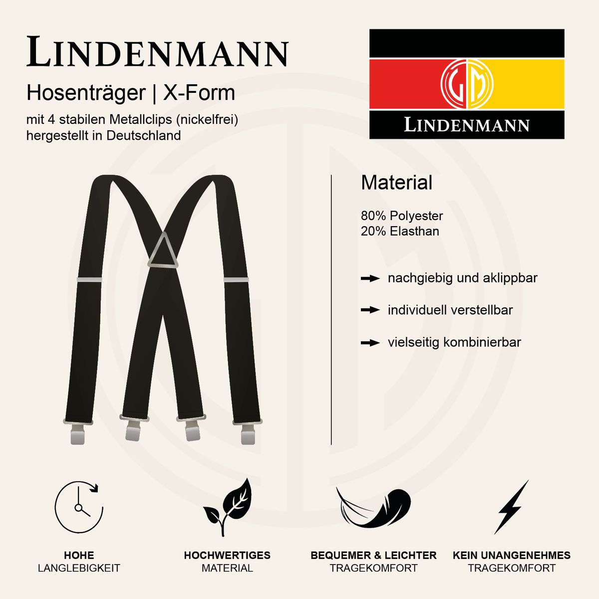 LINDENMANN Hosenträger Herren cognac X-Form elastisch und längenverstellbar Made in Germany
