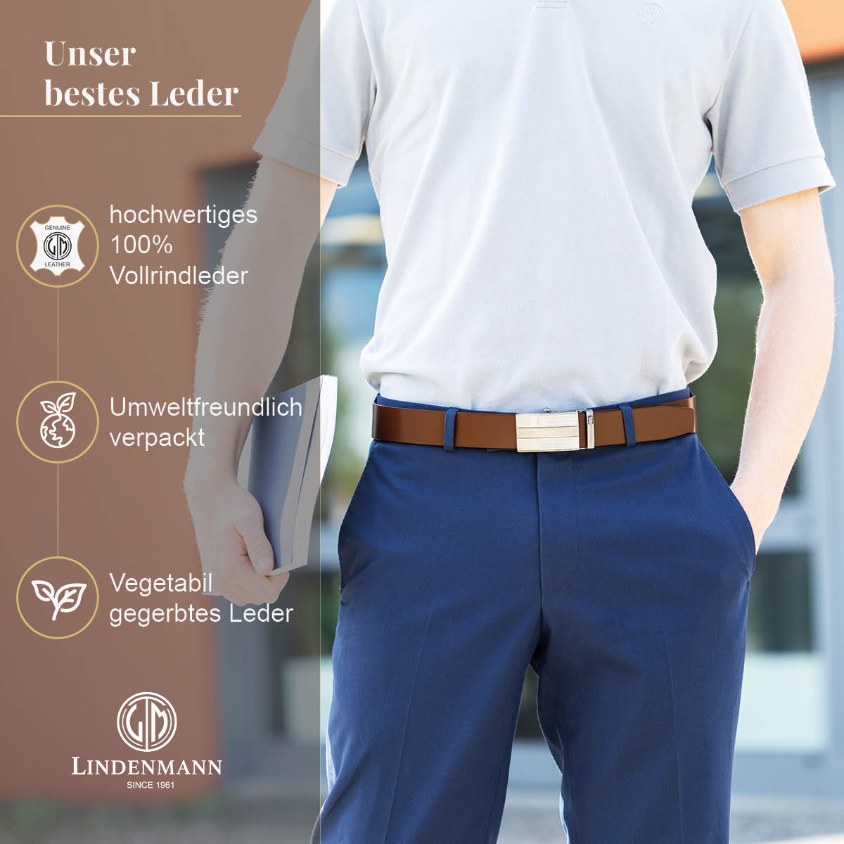 LINDENMANN Ledergürtel Automatikgürtel Herren cognac