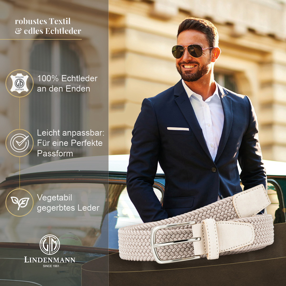 LINDENMANN Textilflechtgürtel Herrengürtel Creme-Beige