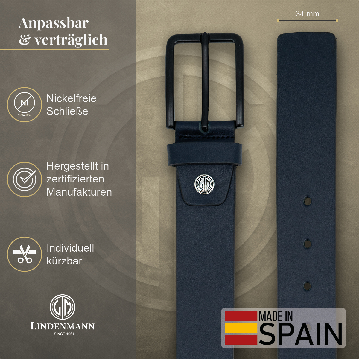 LINDENMANN Herren Jeansgürtel Echtleder marine