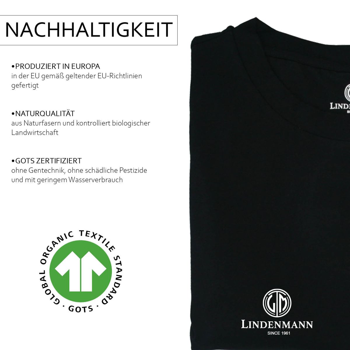 LINDENMANN T-Shirt Herren slim fit kurzarm schwarz rundhals Bio Baumwolle Made in EU