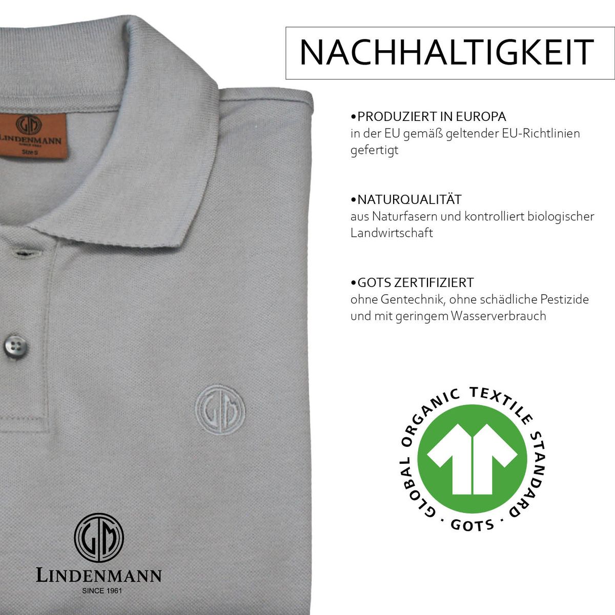 LINDENMANN Poloshirt Herren slim fit kurzarm grau Bio Baumwolle Made in EU