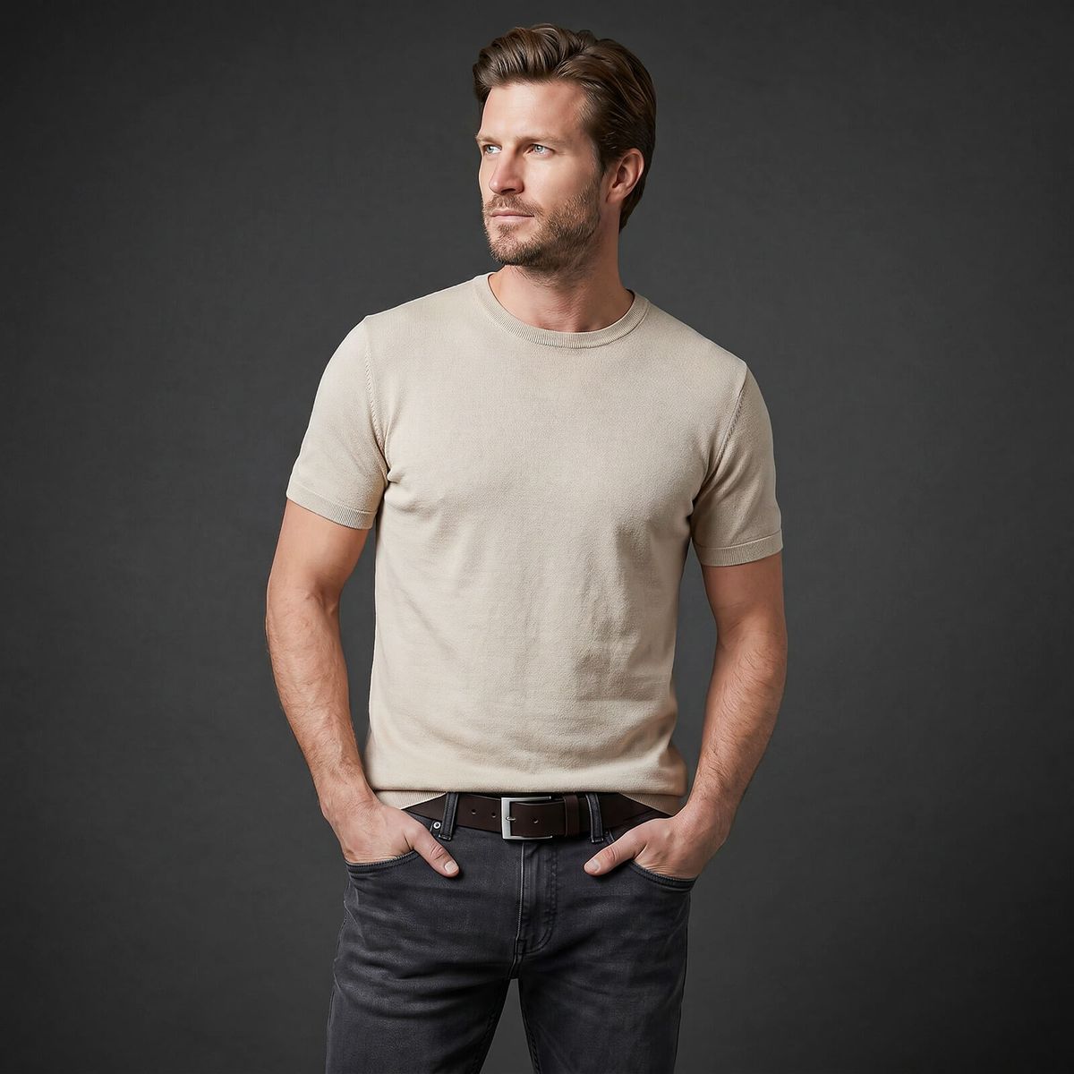 T-Shirt, Beige, Kurzarm, Herren, Kleidung, LINDENMANN Vollrindledergürtel Herren Schokoladenbraun