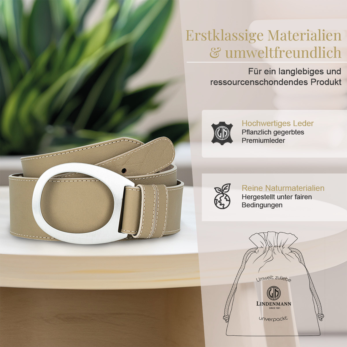 LINDENMANN Nappa Vollrindleder Damengürtel Taupe