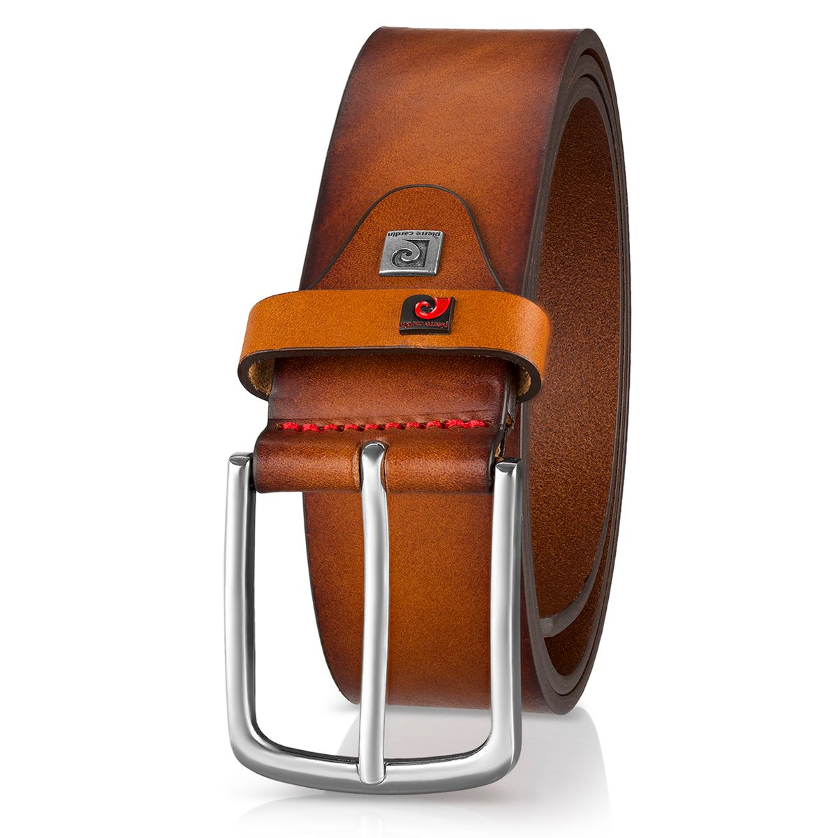 lederband, gürtel, braun, metallische schnalle, doppelt schlaufensystem, Pierre Cardin Herren-Leder-Gürtel cognac