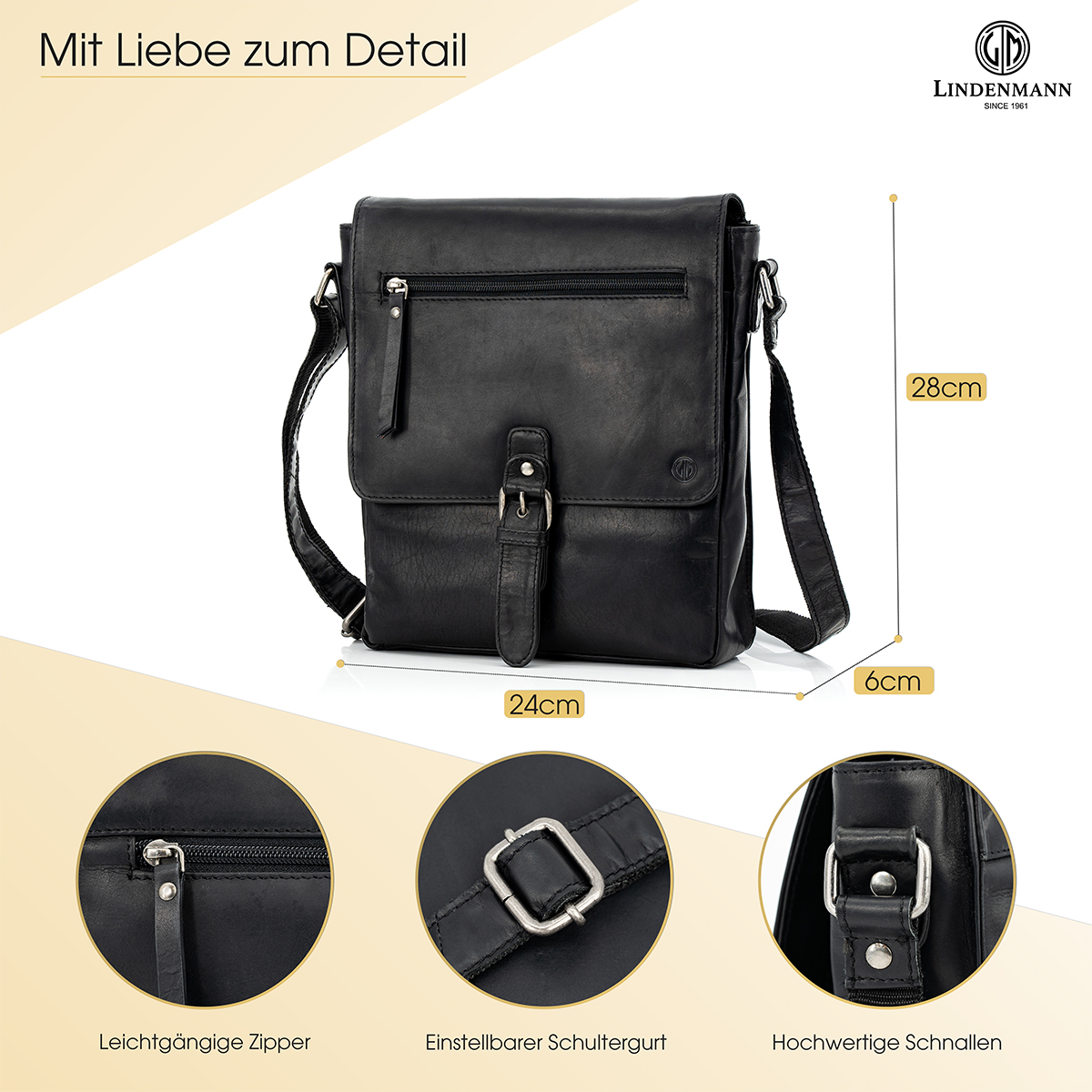 Lindenmann Leder Umhängetasche schwarz