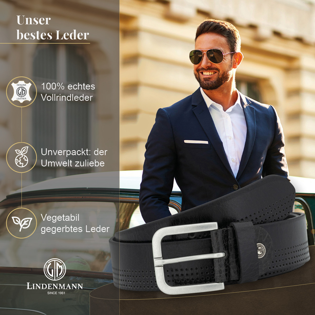 LINDENMANN Vollrindledergürtel Herren Tiefschwarz