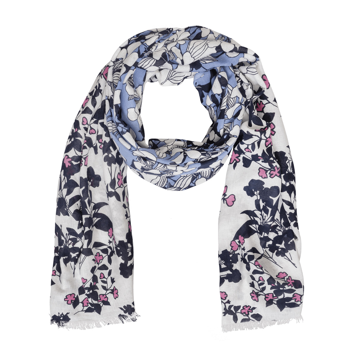 LINDENMANN Schal Damen weiss schwarz blau mit Blumenmuster