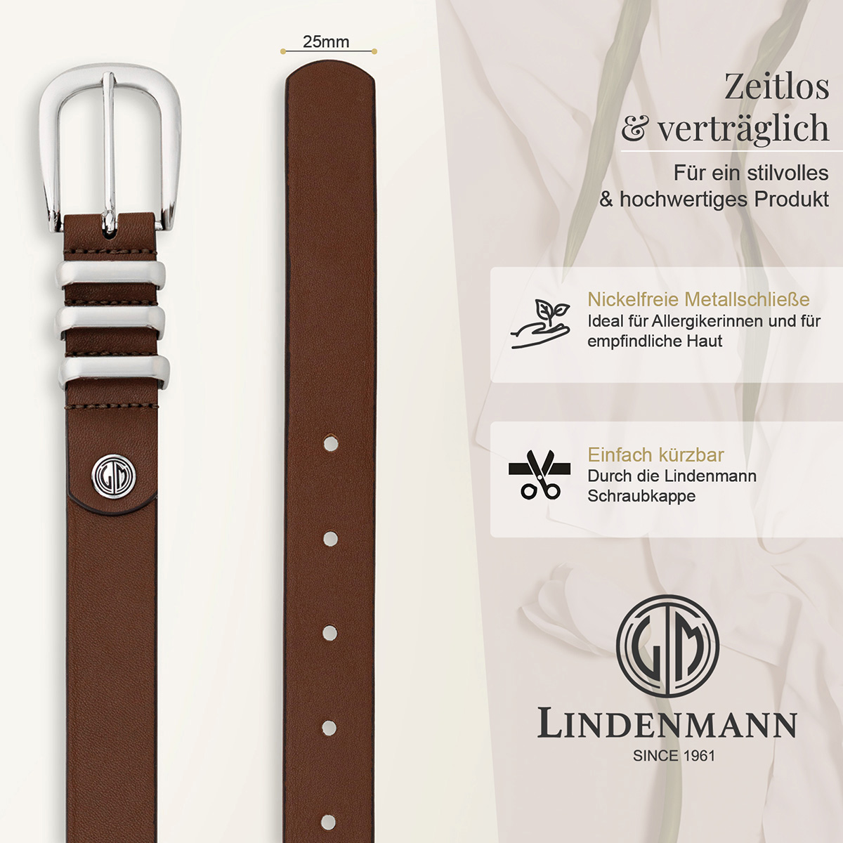 Gürtel, Ledergürtel, Braun, Metallschnalle, Gürtelschnitt, LINDENMANN Damen Vollrindledergürtel aus 100% Echtleder dunkelbraun