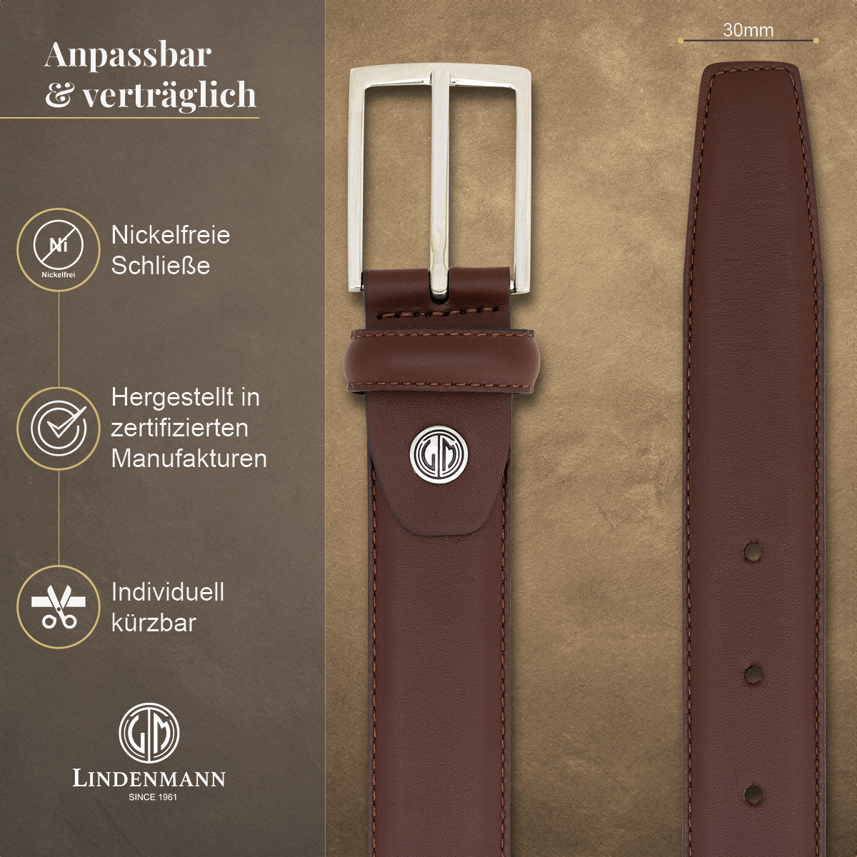 LINDENMANN Herrengürtel aus 100% Vollrindleder mogano