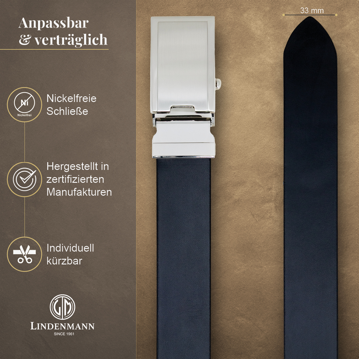 LINDENMANN eleganter Anzugautomatikgürtel für Herren aus 100% Vollrindleder in schwarz passend zu elegantem Stil