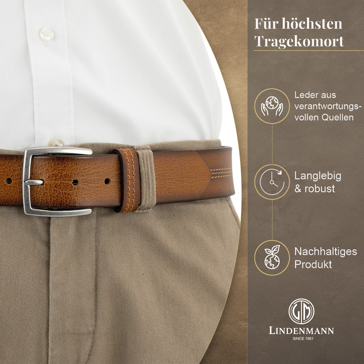 LINDENMANN Vollrindledergürtel Herren Cognac
