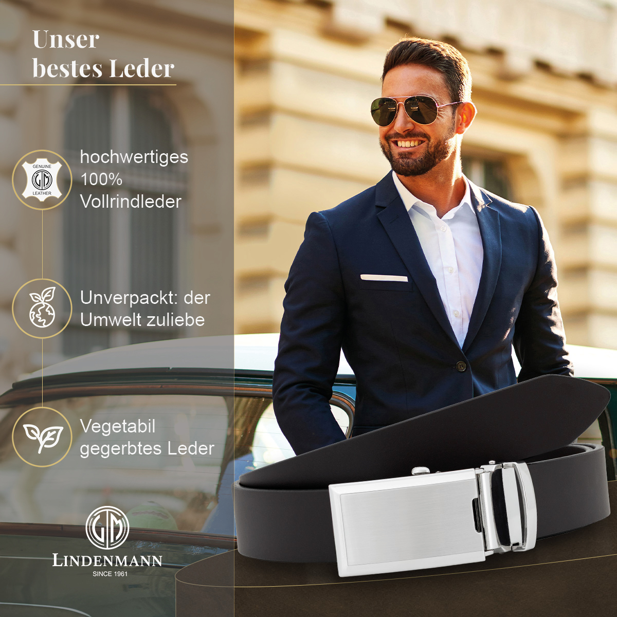 LINDENMANN eleganter Anzugautomatikgürtel für Herren aus 100% Vollrindleder in dunkelbraun passend zu elegantem Stil