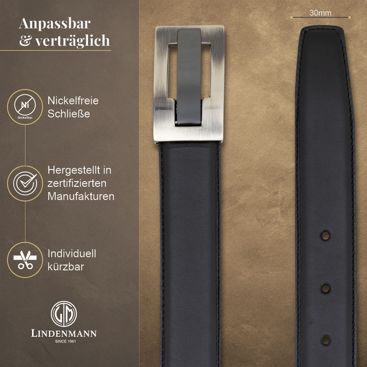 LINDENMANN Herrengürtel aus 100% Vollrindleder mit Koppelschließe schwarz