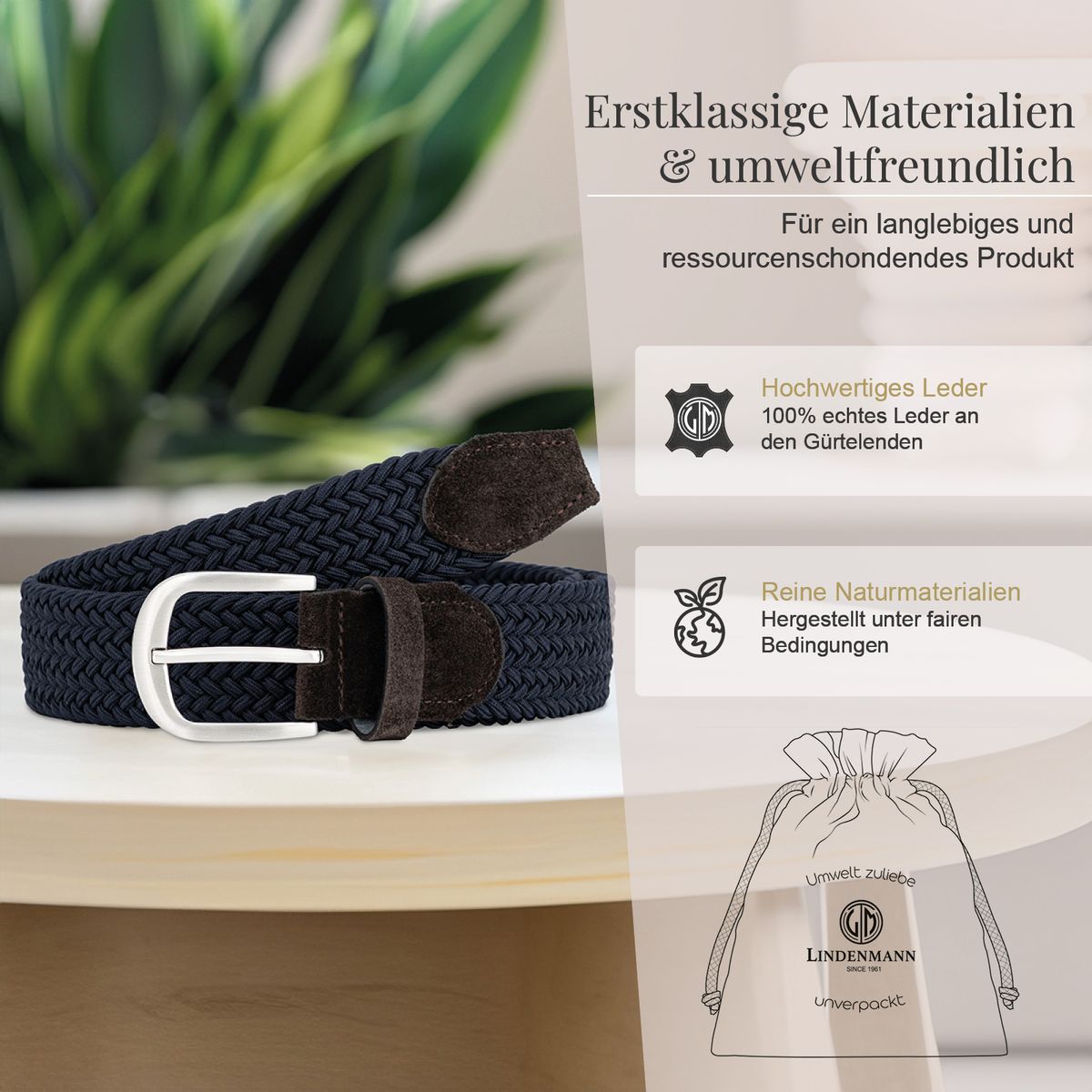 Gürtel, Gurtband, Leder, Dunkelblau, Gewebe, LINDENMANN Damen Flechtgürtel mit 100% echtem Rindleder an den Enden marine