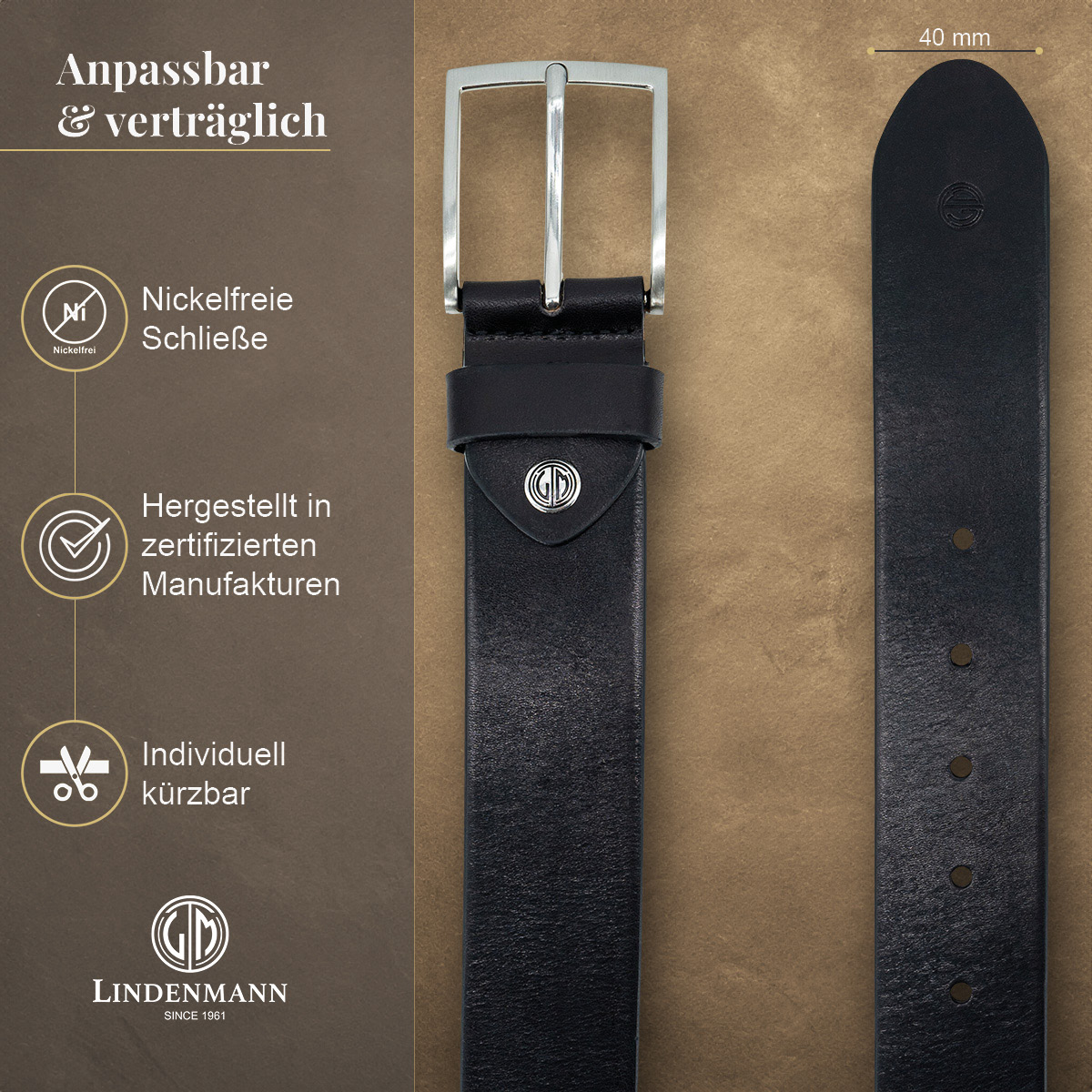 LINDENMANN Vollrindleder Herrengürtel Onyx