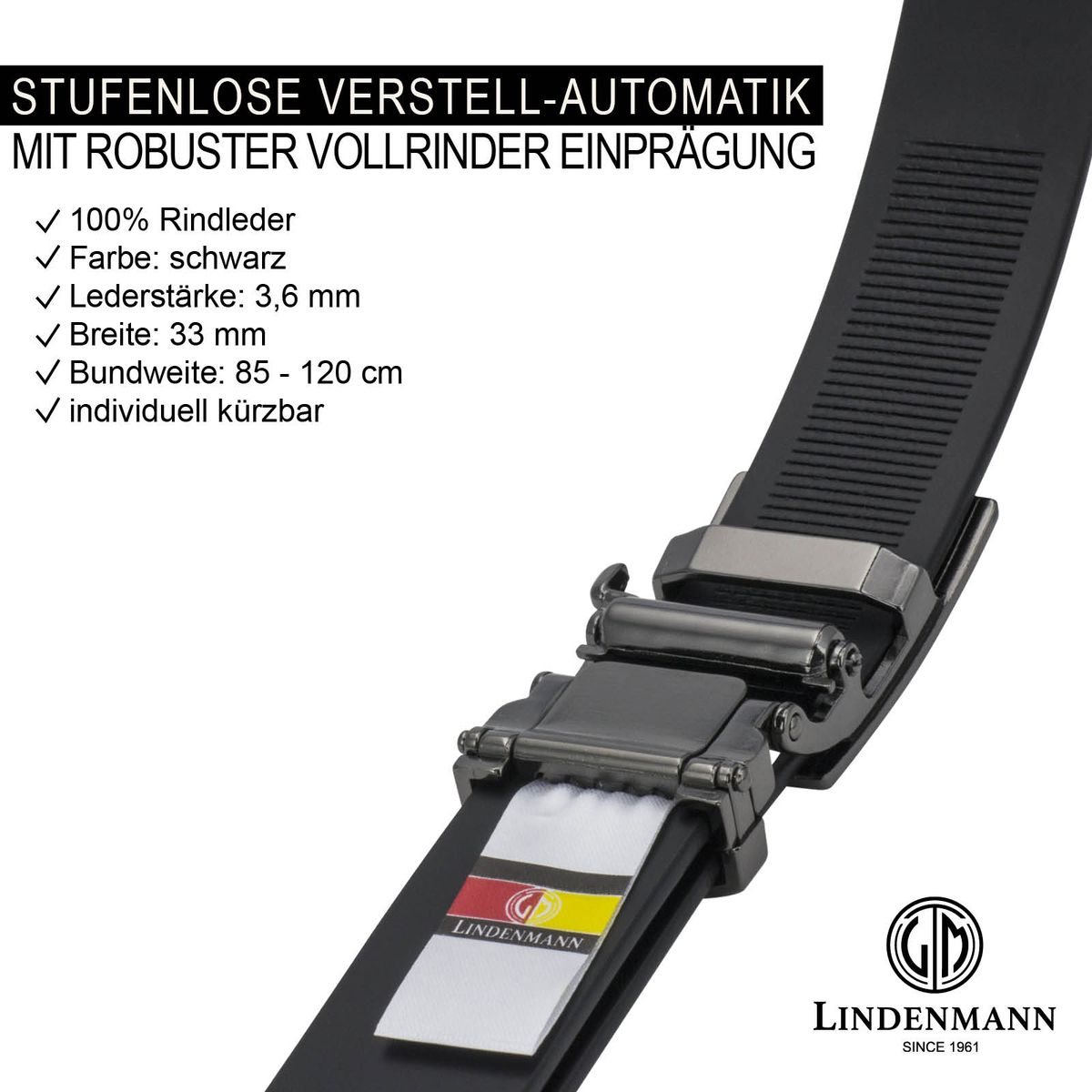 LINDENMANN Ledergürtel Herren, schwarz 33 mm Leder Automatikgürtel