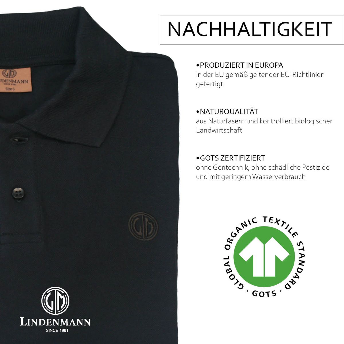 LINDENMANN Poloshirt Herren slim fit kurzarm schwarz Bio Baumwolle Made in EU