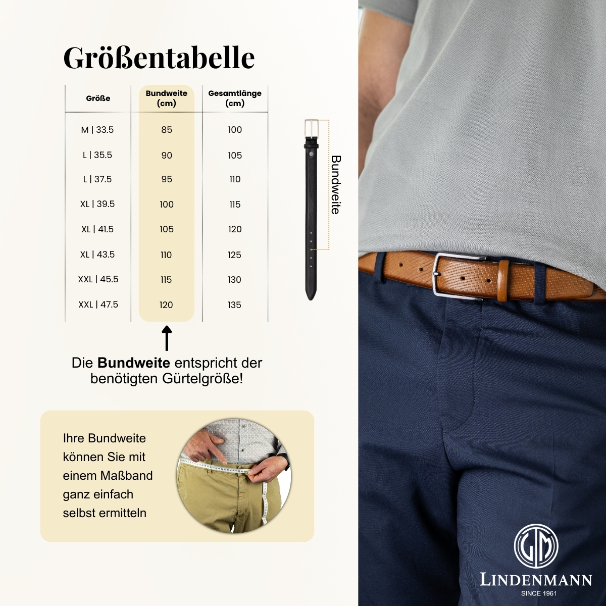 Größentabelle, Gürtel, Bundweite, Hose, Kleidergröße, LINDENMANN klassischer Herren Automatikgürtel aus 100% Echtleder schwarz