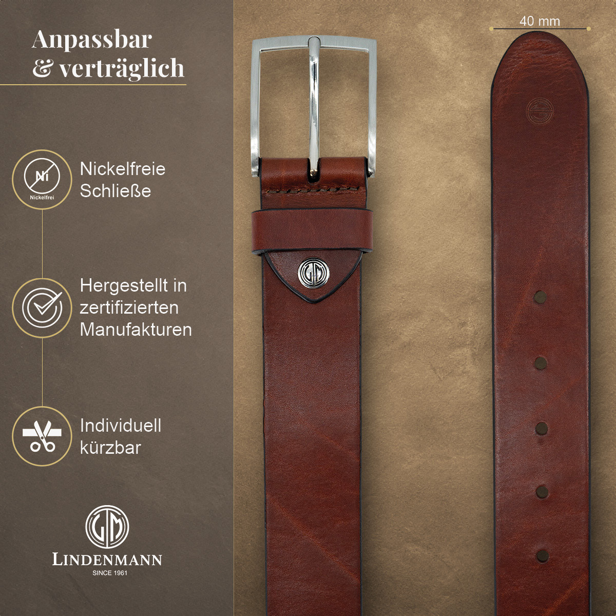 LINDENMANN Vollrindleder Herrengürtel Cognac